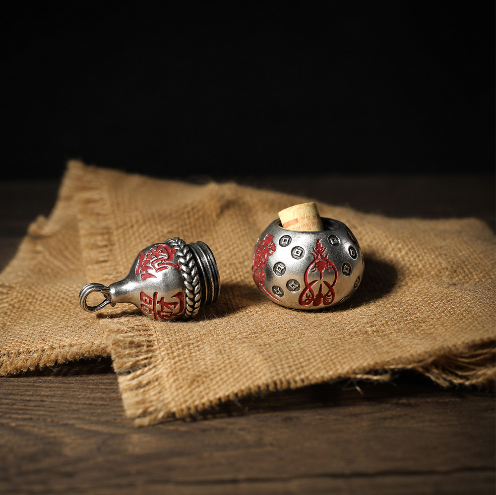 Original Chinese Style White Copper Gourd Pendant | Hand-Carved Antique Finish | Lucky Charm for Prosperity & Good Fortune (With Cord) - Image 2
