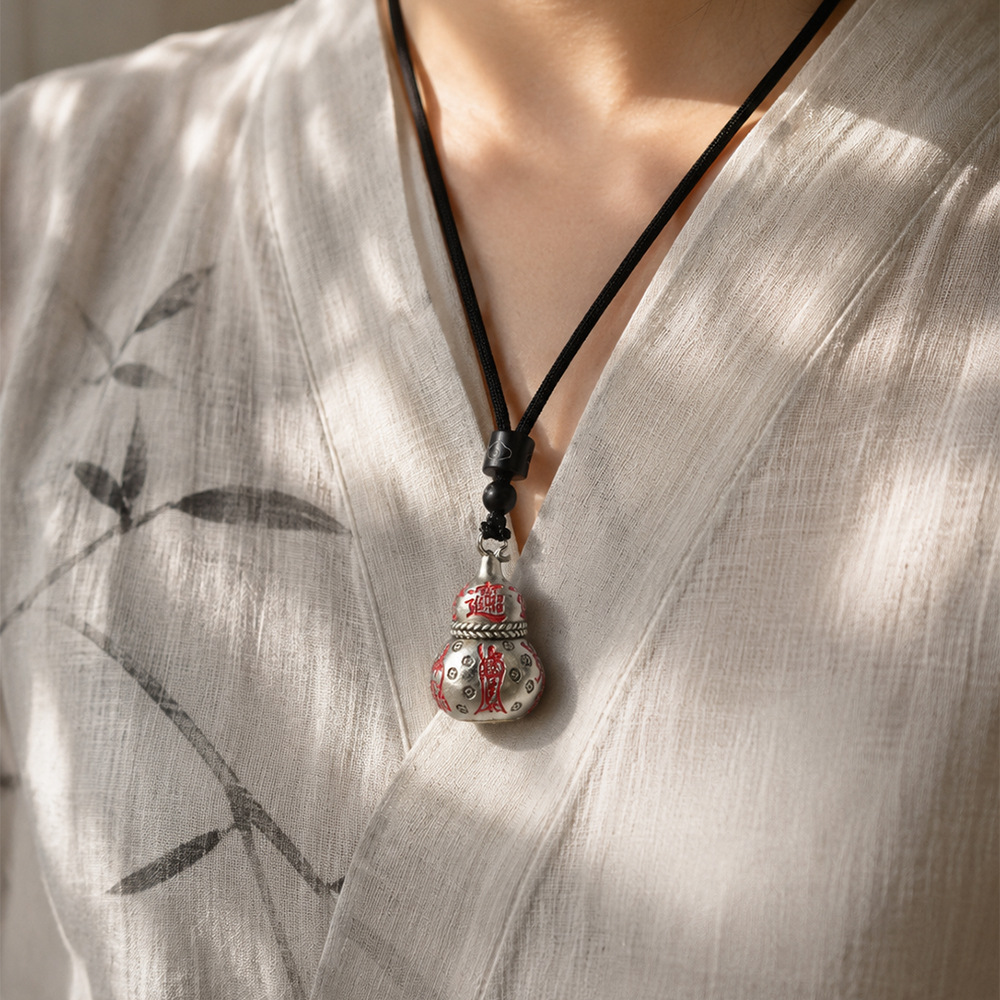 Original Chinese Style White Copper Gourd Pendant | Hand-Carved Antique Finish | Lucky Charm for Prosperity & Good Fortune (With Cord) - Image 4