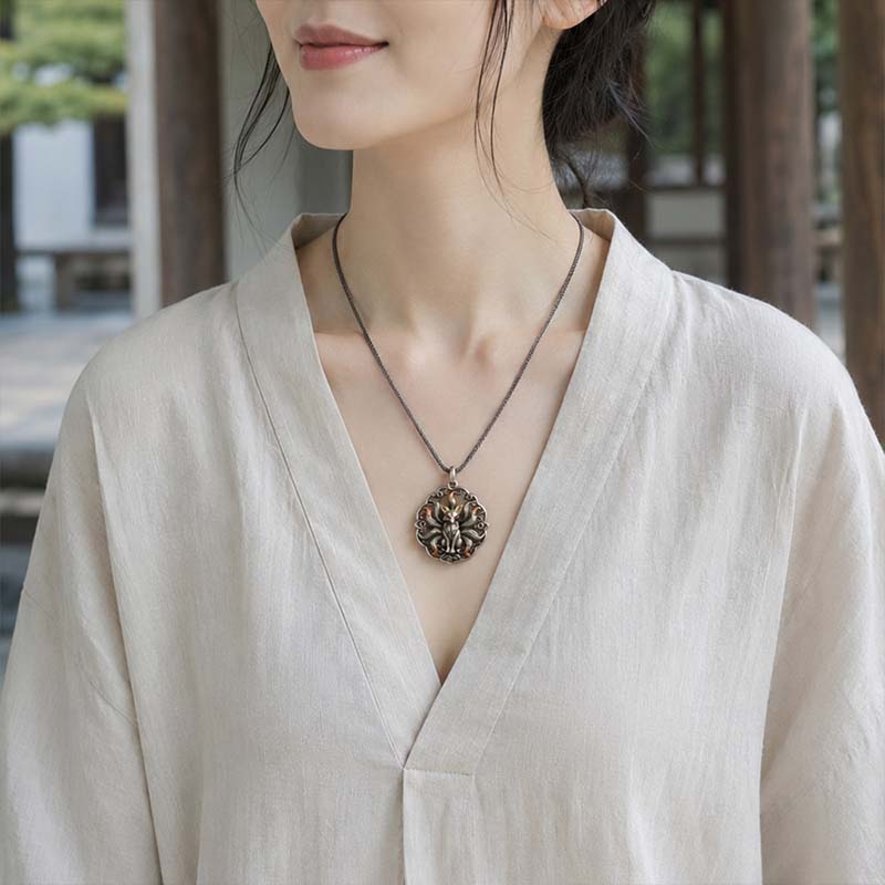 Handcrafted Cupronickel Nine-Tailed Fox Pendant | Auspicious Wisdom & Love Charm Necklace, East Asian Mythology - Image 2