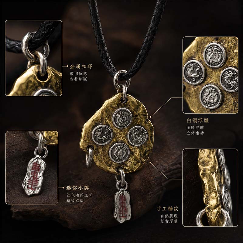 Handcrafted Cupronickel Four Symbols & Primordial Dipper Pendant | Azure Dragon White Tiger Vermilion Bird Black Tortoise Amulet - Image 4