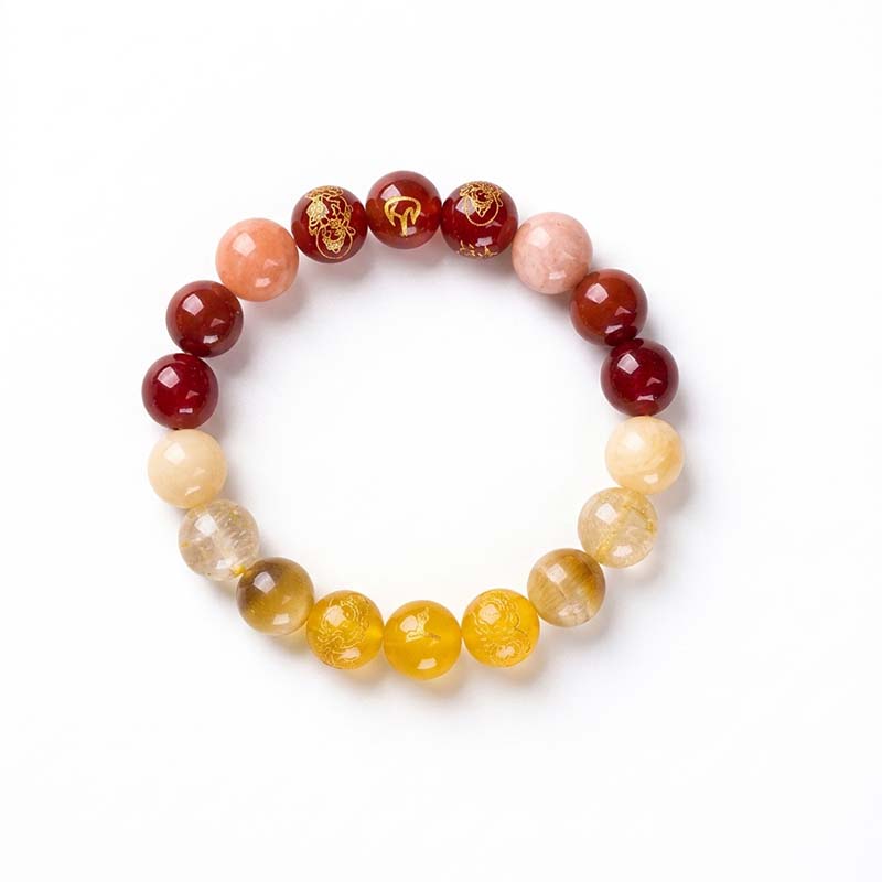 Natural Crystal Five-Elements Mutual Generation Bracelet (Wu Xing Xiang Sheng) 10mm - Red Agate & Citrine | Earth-Fire Balance with Five Roads Gods of Wealth (Wu Lu Cai Shen)