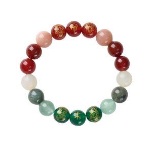 Natural Crystal Five-Elements Mutual Generation Bracelet (Wu Xing Xiang Sheng) 10mm - Red Agate & Malachite | Fire-Wood Balance with Five Roads Gods of Wealth (Wu Lu Cai Shen)