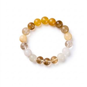 Natural Crystal Five-Elements Mutual Generation Bracelet (Wu Xing Xiang Sheng) 10mm - White Phantom Quartz & Golden Rutilated Quartz | Metal-Earth Balance with Five Roads Gods of Wealth (Wu Lu Cai Shen)