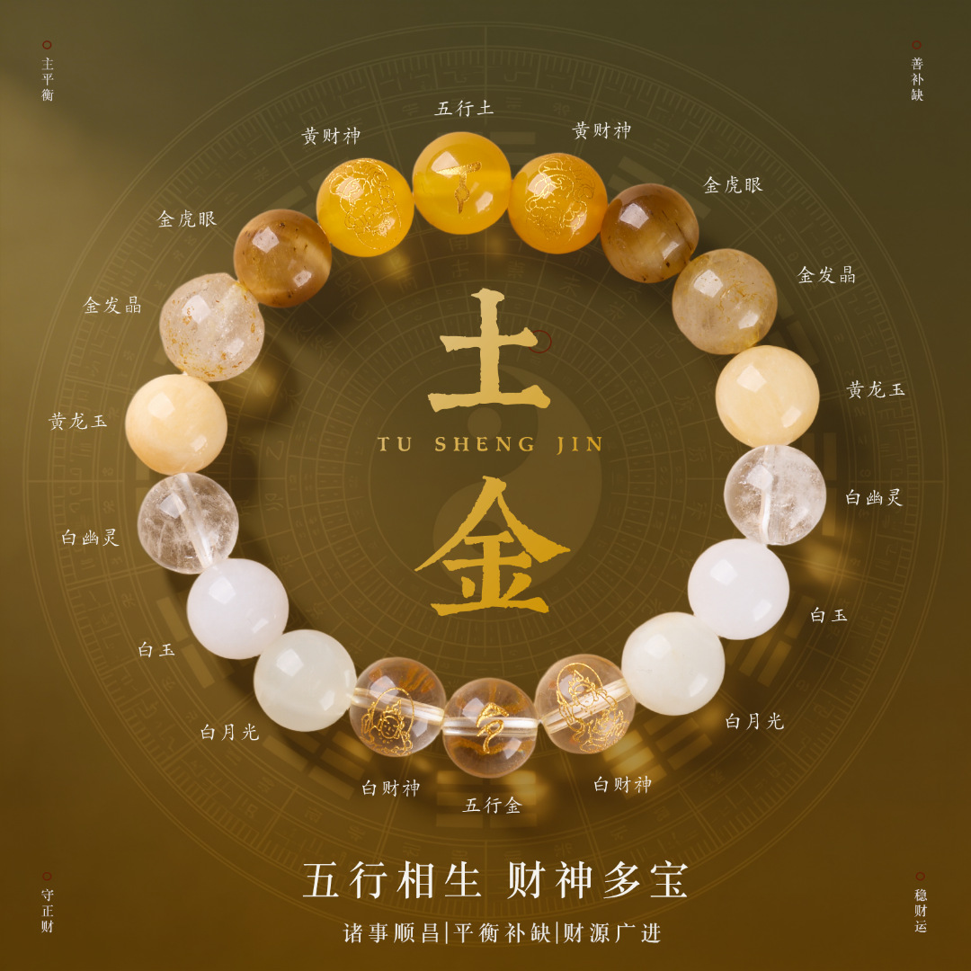 Natural Crystal Five-Elements Mutual Generation Bracelet (Wu Xing Xiang Sheng) 10mm - White Phantom Quartz & Golden Rutilated Quartz | Metal-Earth Balance with Five Roads Gods of Wealth (Wu Lu Cai Shen) - Image 3