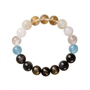 Natural Crystal Five-Elements Mutual Generation Bracelet (Wu Xing Xiang Sheng) 10mm - Moonstone & Black Obsidian | Metal-Water Balance with Five Roads Gods of Wealth (Wu Lu Cai Shen)