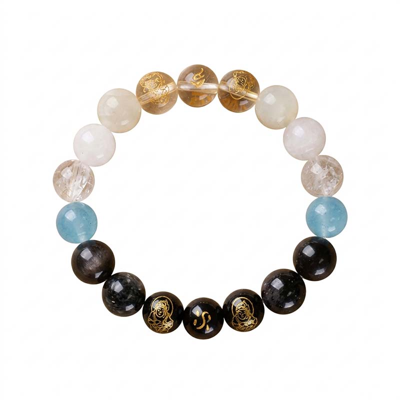 Natural Crystal Five-Elements Mutual Generation Bracelet (Wu Xing Xiang Sheng) 10mm - Moonstone & Black Obsidian | Metal-Water Balance with Five Roads Gods of Wealth (Wu Lu Cai Shen)