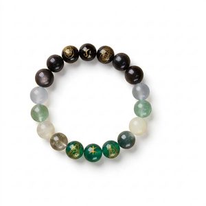 Natural Crystal Five-Elements Mutual Generation Bracelet (Wu Xing Xiang Sheng) 10mm - Black Agate & Moonstone | Water-Wood Balance with Five Roads Gods of Wealth (Wu Lu Cai Shen)