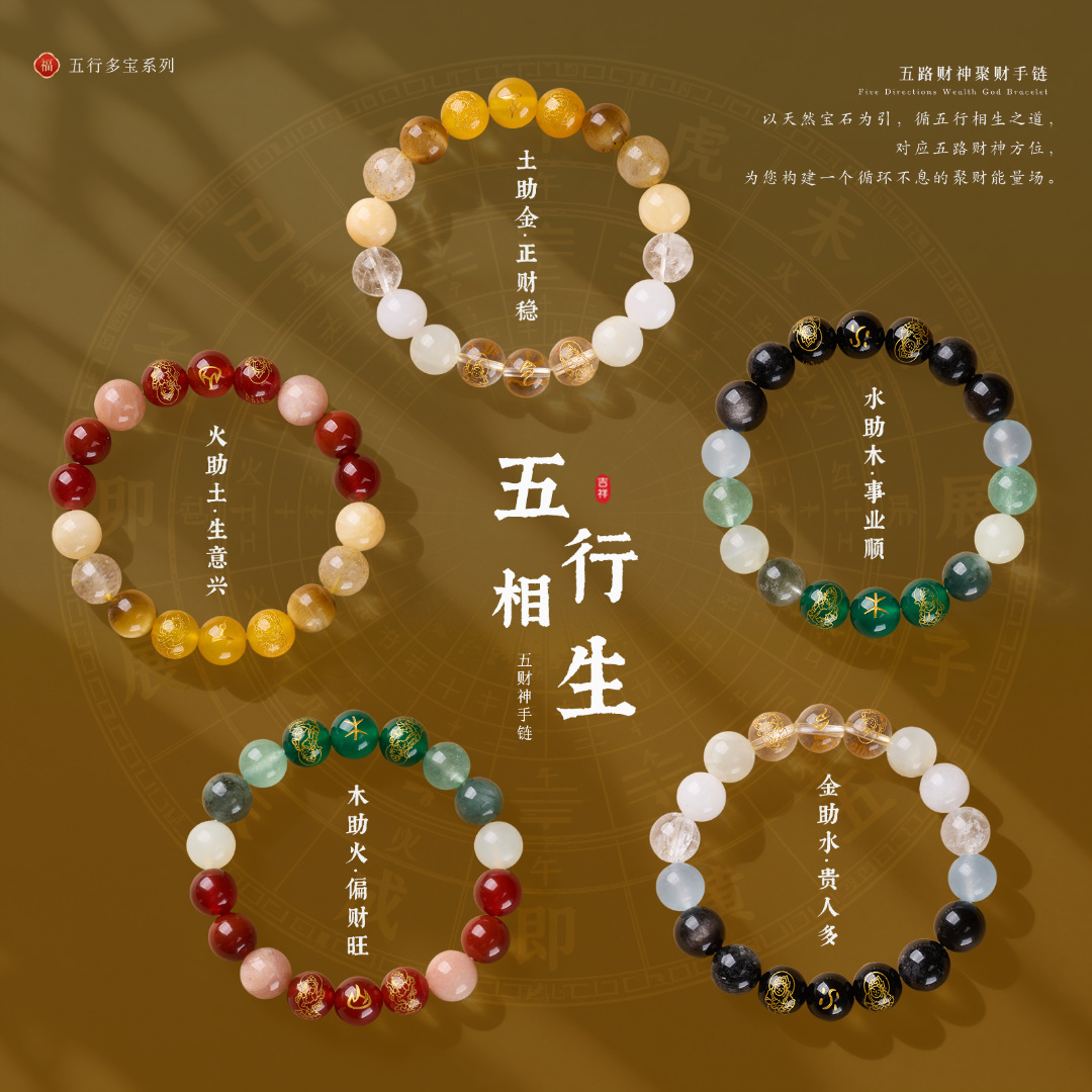 Natural Crystal Five-Elements Mutual Generation Bracelet (Wu Xing Xiang Sheng) 10mm - Black Agate & Moonstone | Water-Wood Balance with Five Roads Gods of Wealth (Wu Lu Cai Shen) - Image 2