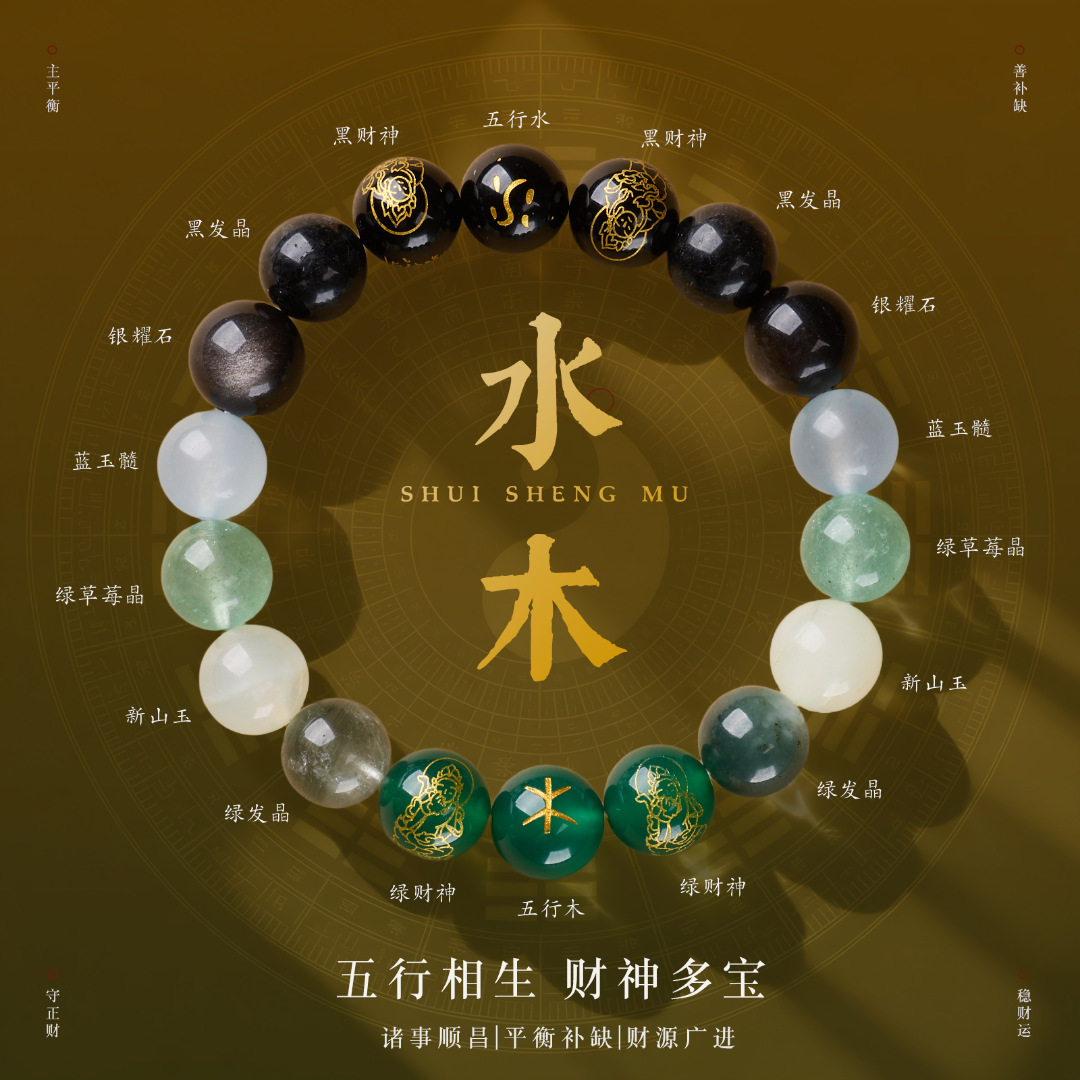 Natural Crystal Five-Elements Mutual Generation Bracelet (Wu Xing Xiang Sheng) 10mm - Black Agate & Moonstone | Water-Wood Balance with Five Roads Gods of Wealth (Wu Lu Cai Shen) - Image 3