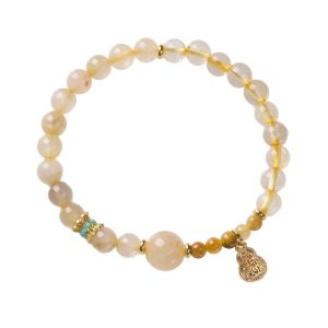 Natural Crystal Five Elements Bracelet (Wu Xing) 6mm - Golden Rutilated Quartz & Citrine | Earth Element Stability Balance with Gold Prosperity Charm
