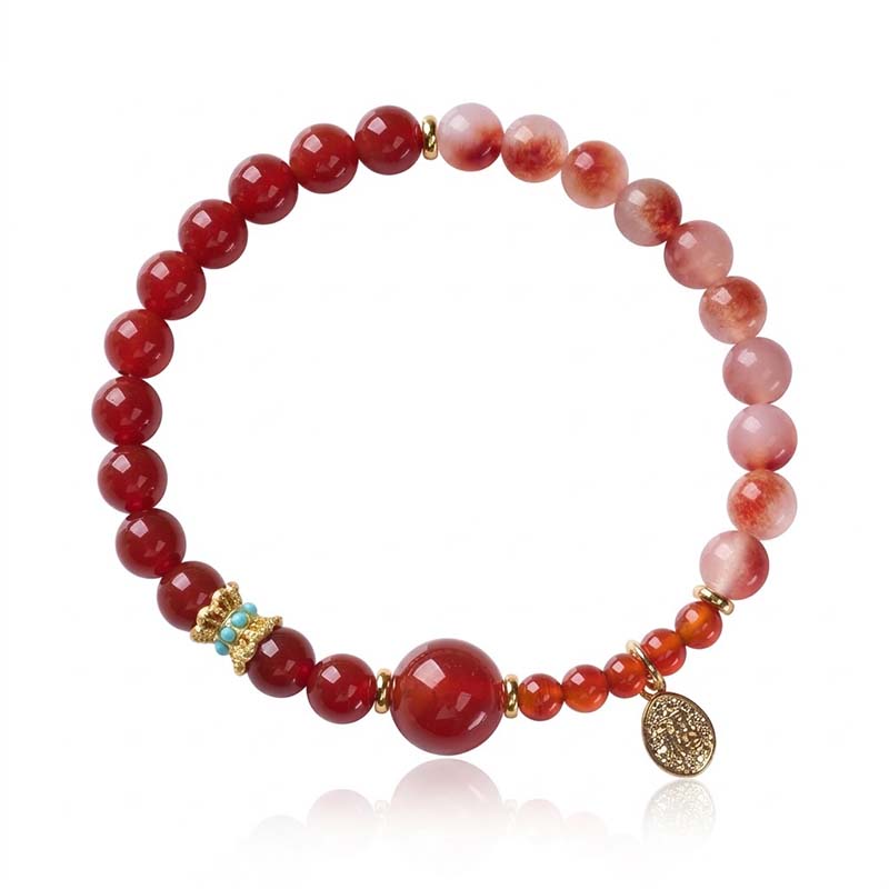 Natural Crystal Five Elements Bracelet (Wu Xing) 6mm - Red Agate & Carnelian Chalcedony | Fire Element Vitality Balance with Gold Coin Charm
