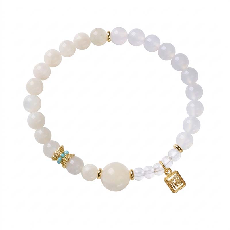 Natural Crystal Five Elements Bracelet (Wu Xing) 6mm - White Moonstone & White Agate | Metal Element Balance with Gold Fu Charm