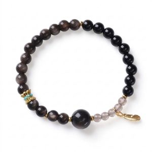 Natural Crystal Five Elements Bracelet (Wu Xing) 6mm - Silver Sheen Obsidian, Black Agate & Ice Obsidian | Water Element Calm Balance with Gold Feather Charm