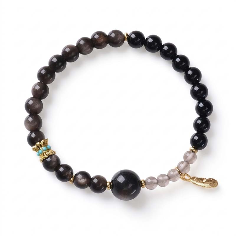 Natural Crystal Five Elements Bracelet (Wu Xing) 6mm - Silver Sheen Obsidian, Black Agate & Ice Obsidian | Water Element Calm Balance with Gold Feather Charm