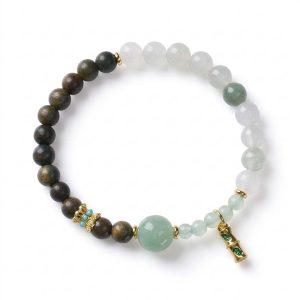 Handcrafted Green Sandalwood & Aventurine Five Elements Bracelet (Wu Xing) 6mm | Wood Element Growth Balance with Gold Bamboo Charm